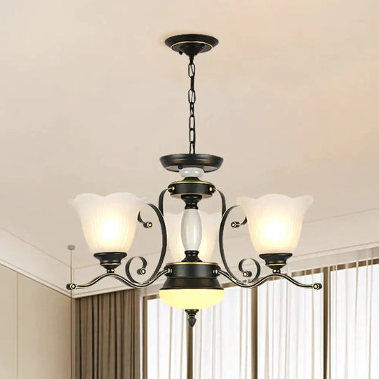 3/6 Heads Blossom Chandelier Lamp Traditional Black Opaline Glass Suspension Lighting With Scroll