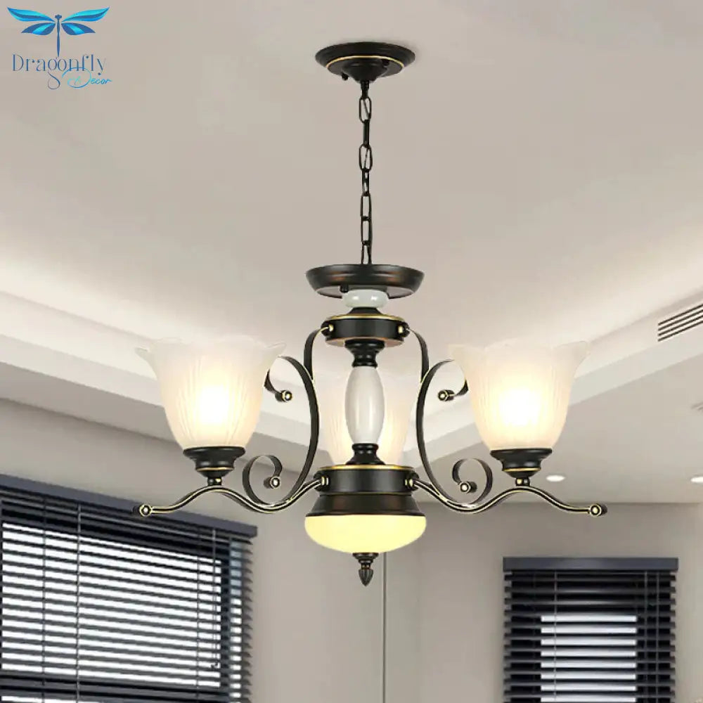 3/6 Heads Blossom Chandelier Lamp Traditional Black Opaline Glass Suspension Lighting With Scroll