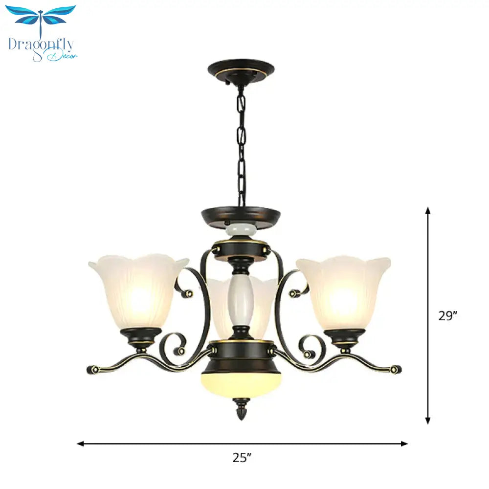 3/6 Heads Blossom Chandelier Lamp Traditional Black Opaline Glass Suspension Lighting With Scroll