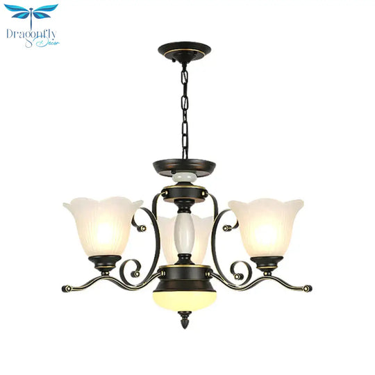 3/6 Heads Blossom Chandelier Lamp Traditional Black Opaline Glass Suspension Lighting With Scroll
