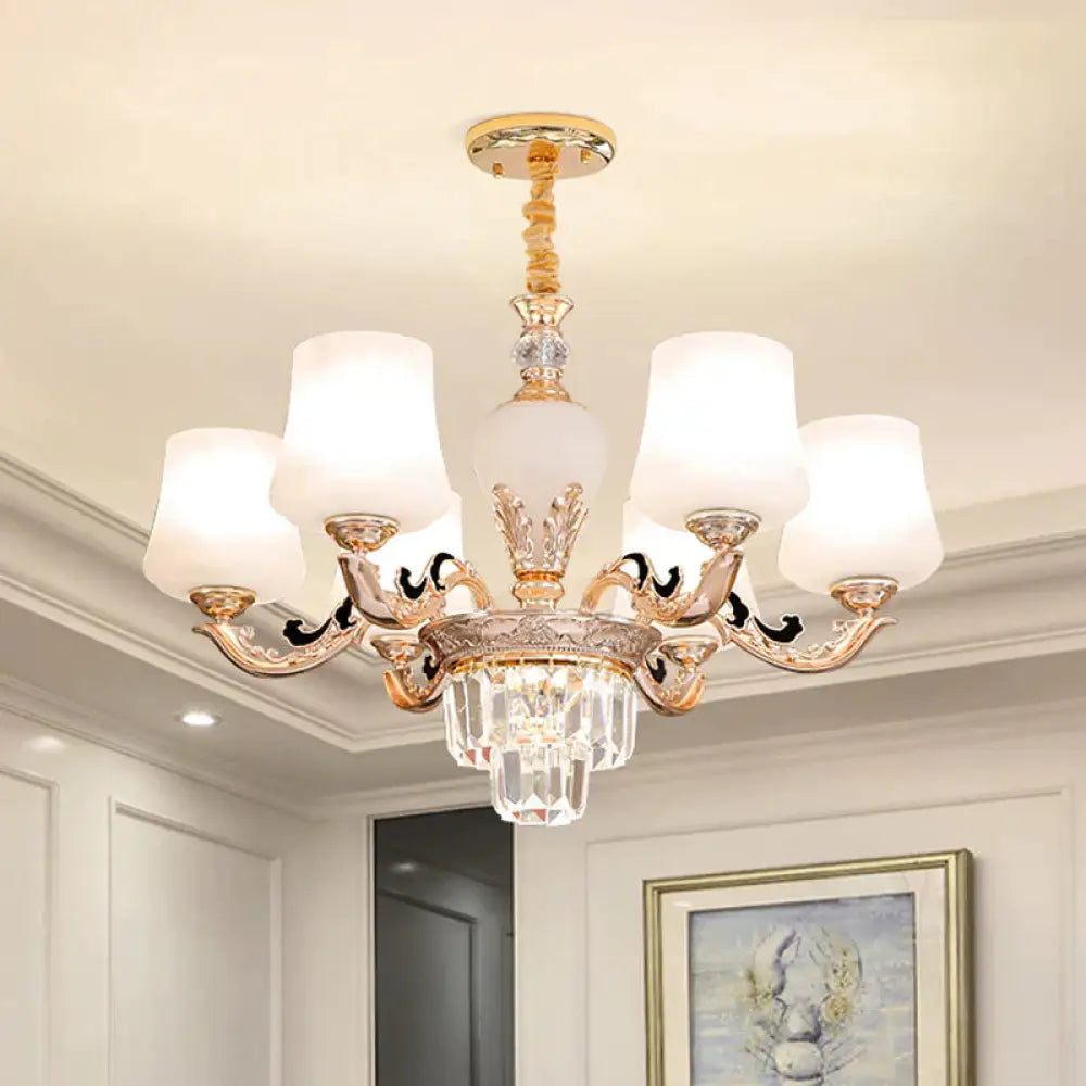 3/6 Heads Ceiling Light With Tapered Shade White Glass Traditional Bedchamber Chandelier Lamp In
