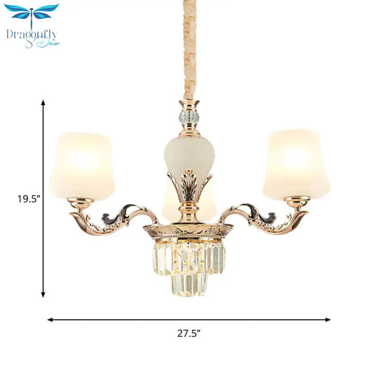 3/6 Heads Ceiling Light With Tapered Shade White Glass Traditional Bedchamber Chandelier Lamp In