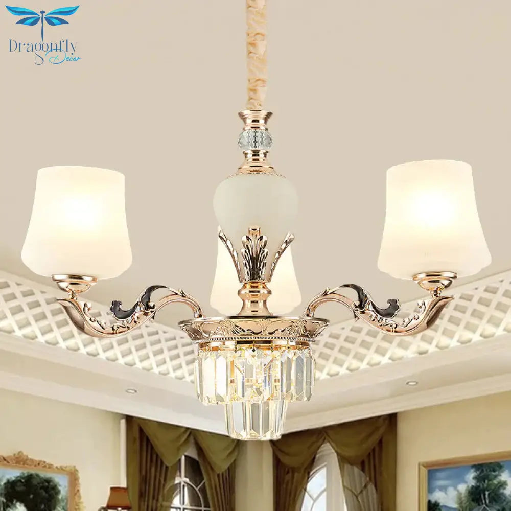 3/6 Heads Ceiling Light With Tapered Shade White Glass Traditional Bedchamber Chandelier Lamp In