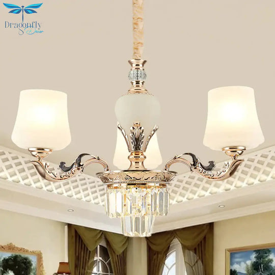 3/6 Heads Ceiling Light With Tapered Shade White Glass Traditional Bedchamber Chandelier Lamp In