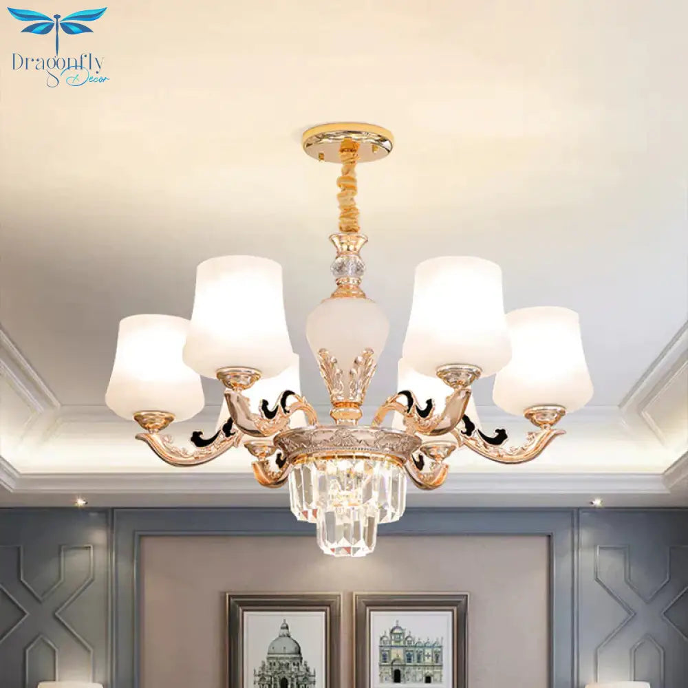 3/6 Heads Ceiling Light With Tapered Shade White Glass Traditional Bedchamber Chandelier Lamp In