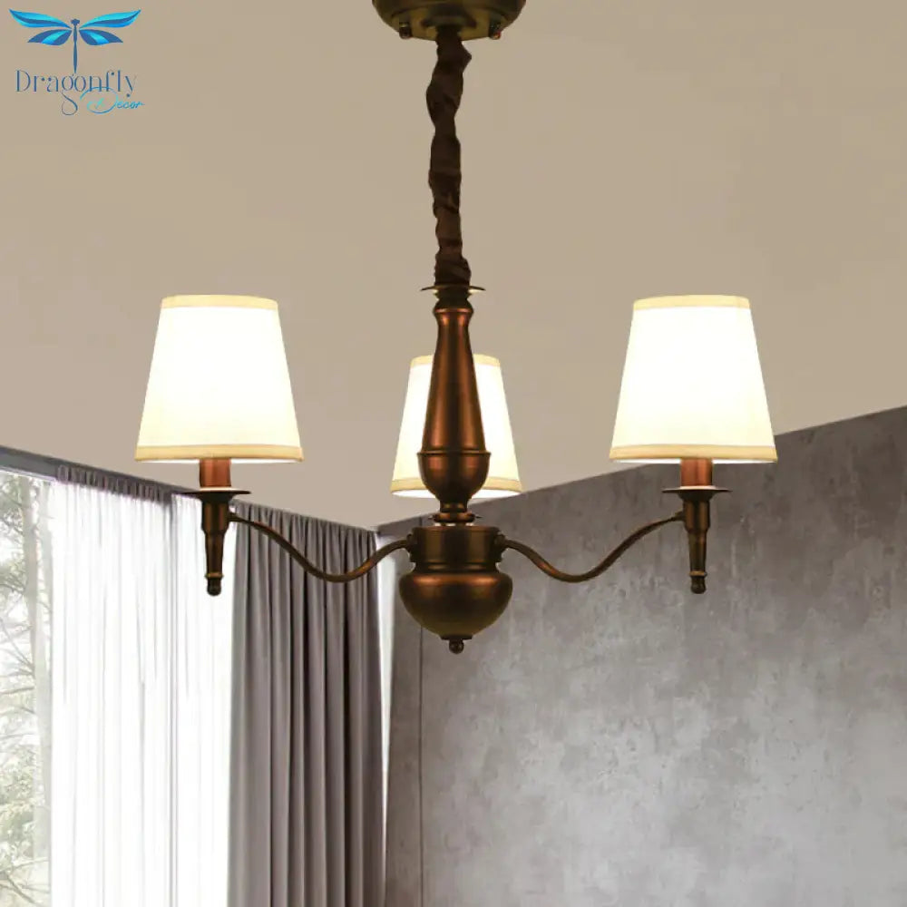 3/6 Heads Fabric Hanging Chandelier Traditional White Conical Dining Room Pendant Lamp