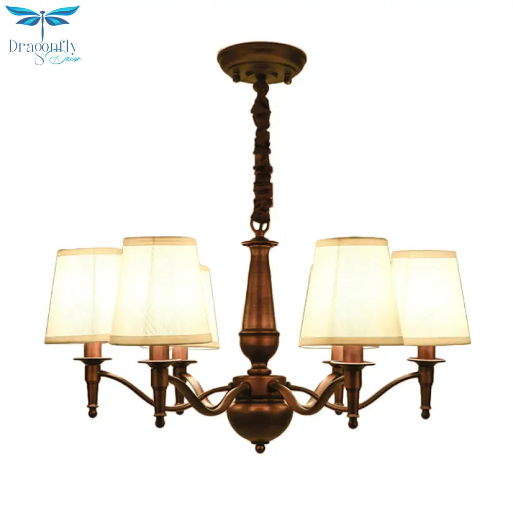 3/6 Heads Fabric Hanging Chandelier Traditional White Conical Dining Room Pendant Lamp