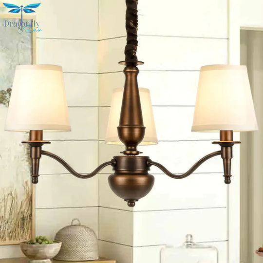 3/6 Heads Fabric Hanging Chandelier Traditional White Conical Dining Room Pendant Lamp