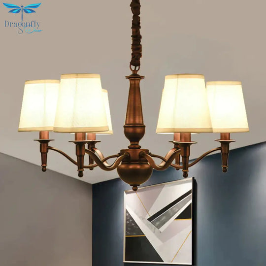 3/6 Heads Fabric Hanging Chandelier Traditional White Conical Dining Room Pendant Lamp
