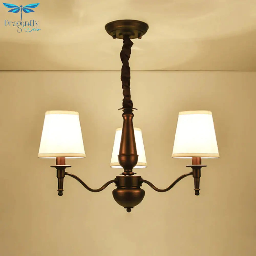 3/6 Heads Fabric Hanging Chandelier Traditional White Conical Dining Room Pendant Lamp