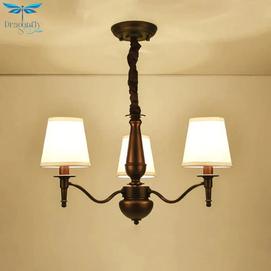 3/6 Heads Fabric Hanging Chandelier Traditional White Conical Dining Room Pendant Lamp