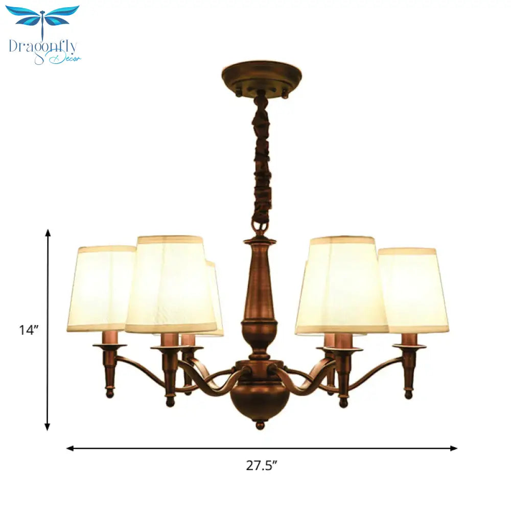 3/6 Heads Fabric Hanging Chandelier Traditional White Conical Dining Room Pendant Lamp