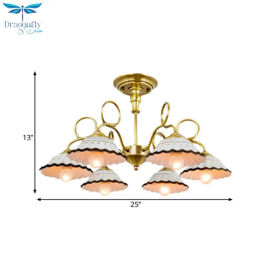 3/6 Heads Flared Chandelier Lamp Traditional Gold Ceramic Pendant Lighting Fixture With Swirl Arm