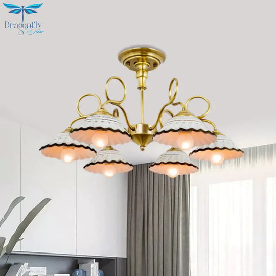 3/6 Heads Flared Chandelier Lamp Traditional Gold Ceramic Pendant Lighting Fixture With Swirl Arm