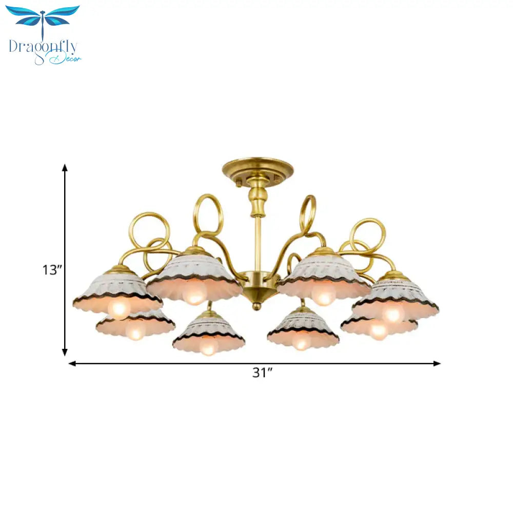3/6 Heads Flared Chandelier Lamp Traditional Gold Ceramic Pendant Lighting Fixture With Swirl Arm