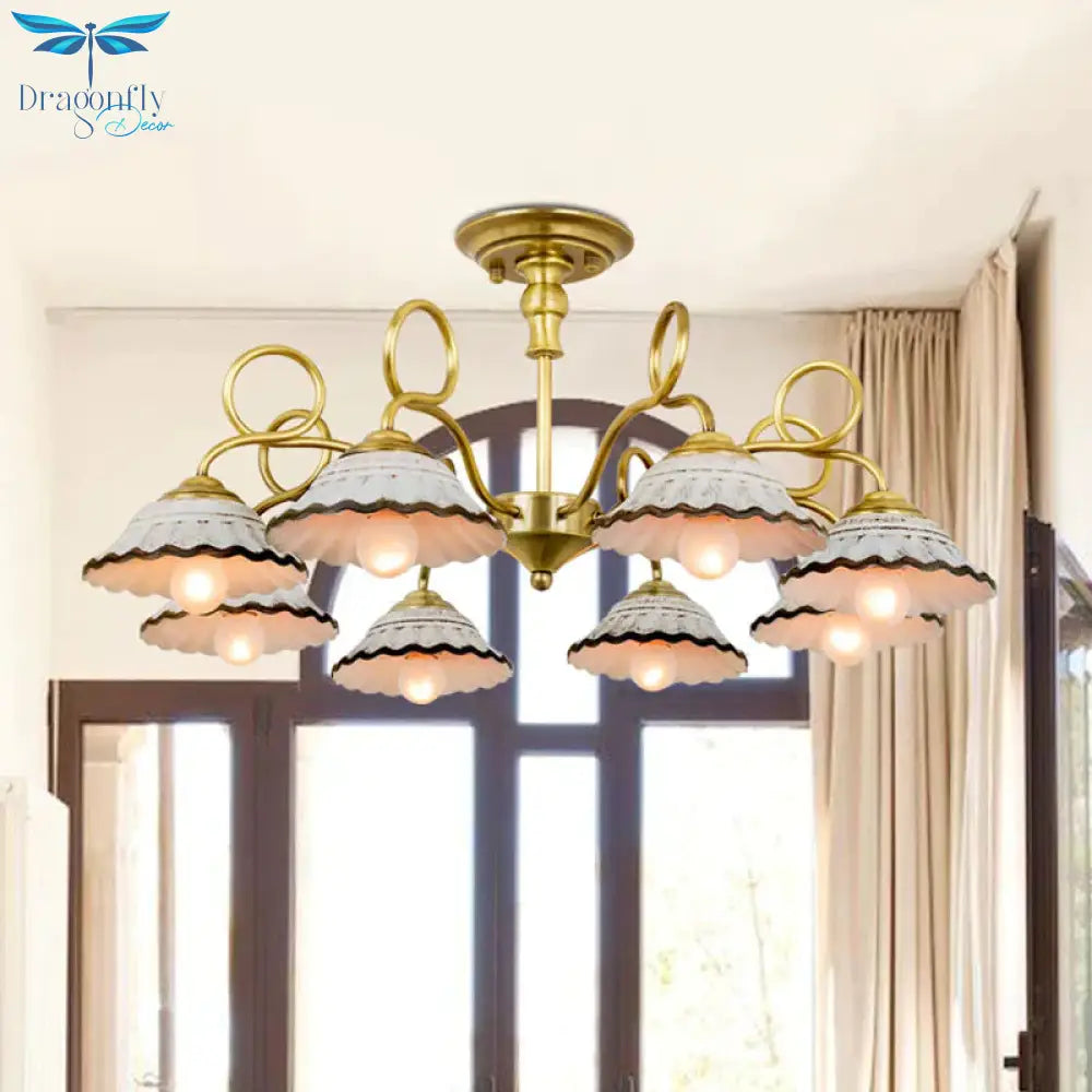 3/6 Heads Flared Chandelier Lamp Traditional Gold Ceramic Pendant Lighting Fixture With Swirl Arm