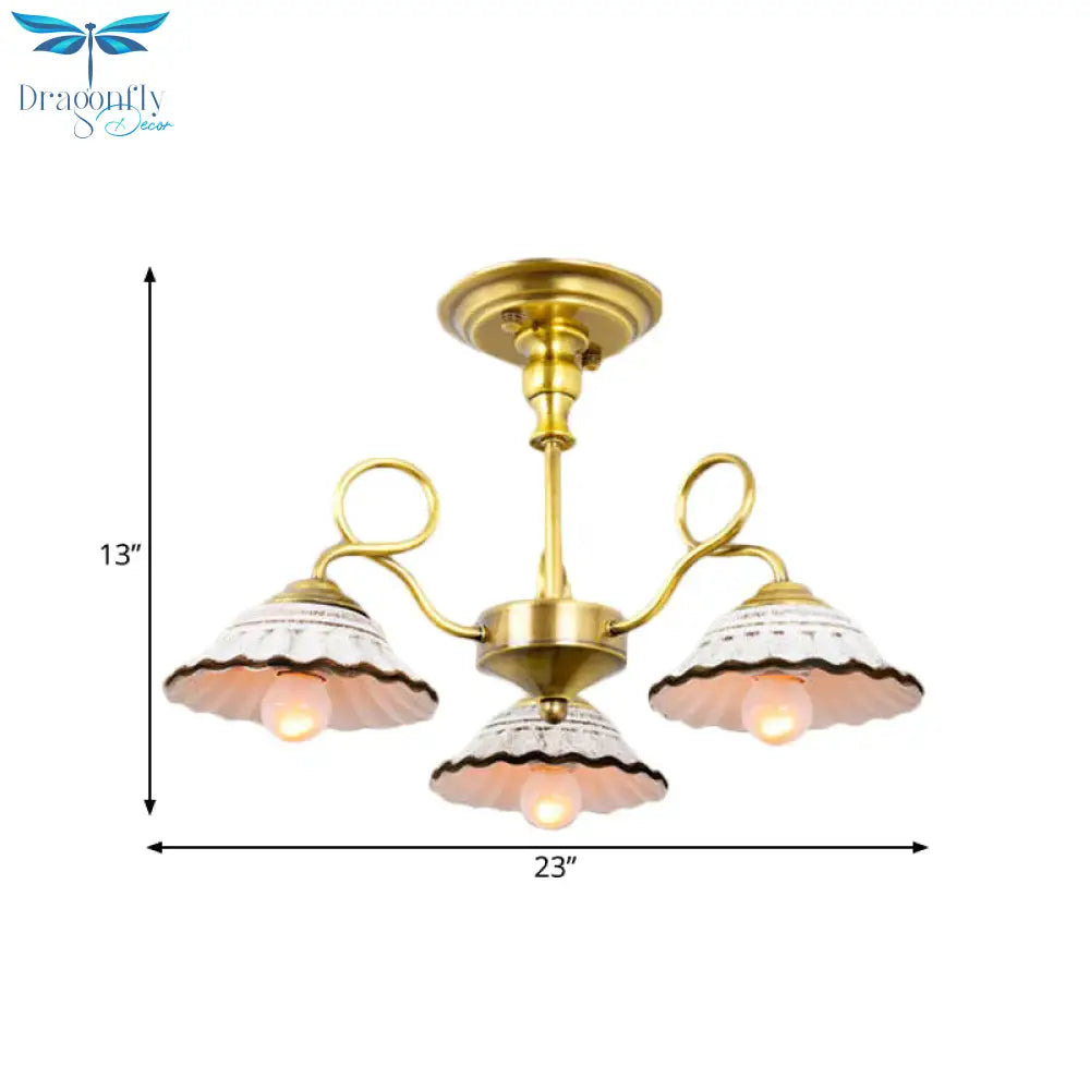 3/6 Heads Flared Chandelier Lamp Traditional Gold Ceramic Pendant Lighting Fixture With Swirl Arm