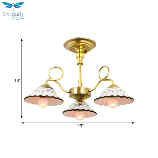 3/6 Heads Flared Chandelier Lamp Traditional Gold Ceramic Pendant Lighting Fixture With Swirl Arm