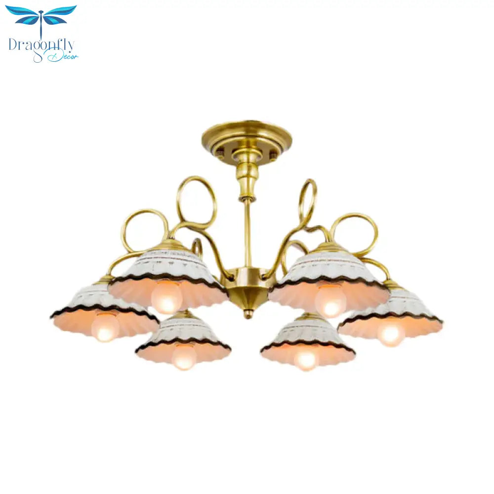 3/6 Heads Flared Chandelier Lamp Traditional Gold Ceramic Pendant Lighting Fixture With Swirl Arm