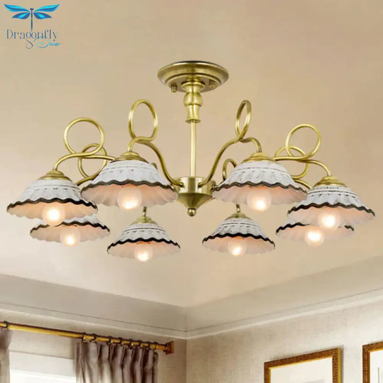 3/6 Heads Flared Chandelier Lamp Traditional Gold Ceramic Pendant Lighting Fixture With Swirl Arm
