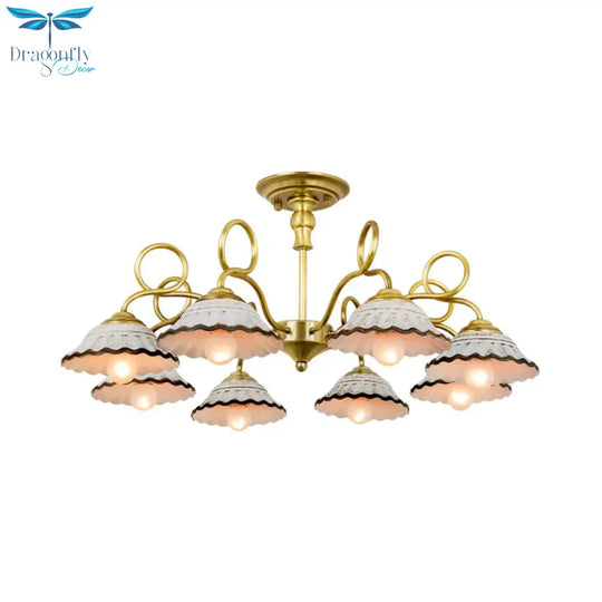 3/6 Heads Flared Chandelier Lamp Traditional Gold Ceramic Pendant Lighting Fixture With Swirl Arm