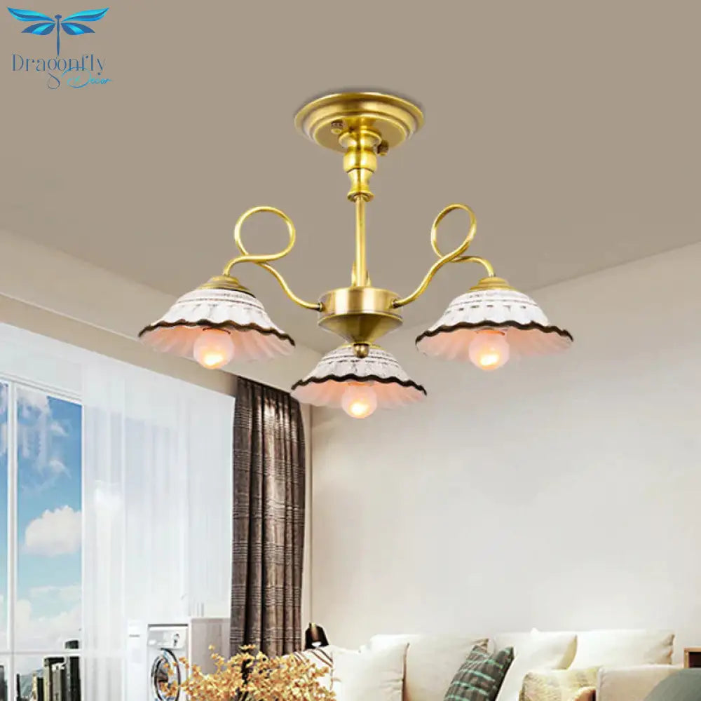 3/6 Heads Flared Chandelier Lamp Traditional Gold Ceramic Pendant Lighting Fixture With Swirl Arm