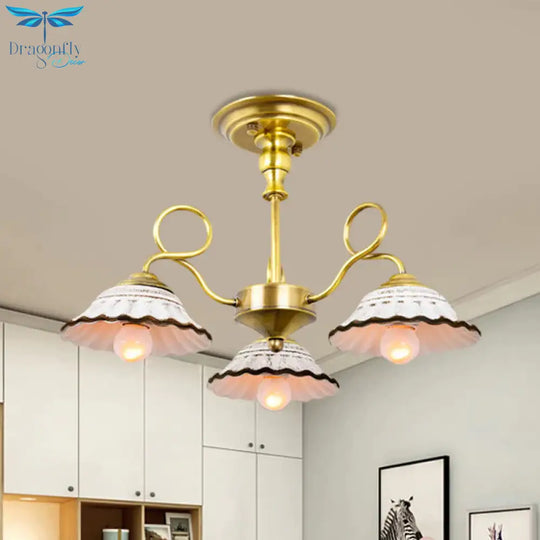 3/6 Heads Flared Chandelier Lamp Traditional Gold Ceramic Pendant Lighting Fixture With Swirl Arm