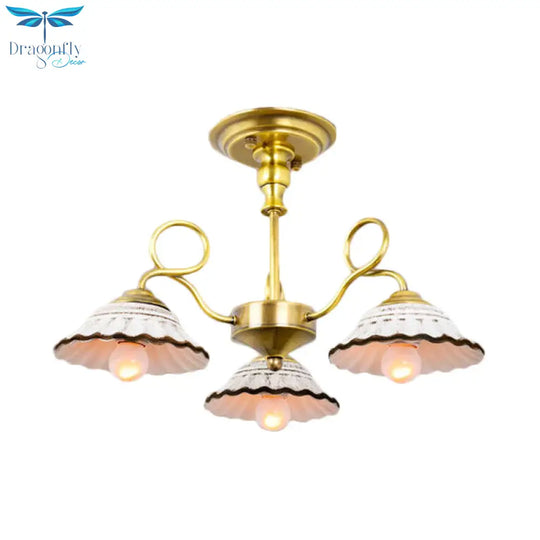3/6 Heads Flared Chandelier Lamp Traditional Gold Ceramic Pendant Lighting Fixture With Swirl Arm