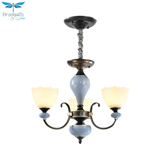 3/6 Heads Pendant Chandelier Countryside Bowl White Glass Ceiling Light In Black With Swooping Arm