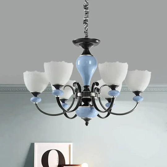 3/6 Heads Pendant Chandelier Countryside Bowl White Glass Ceiling Light In Black With Swooping Arm