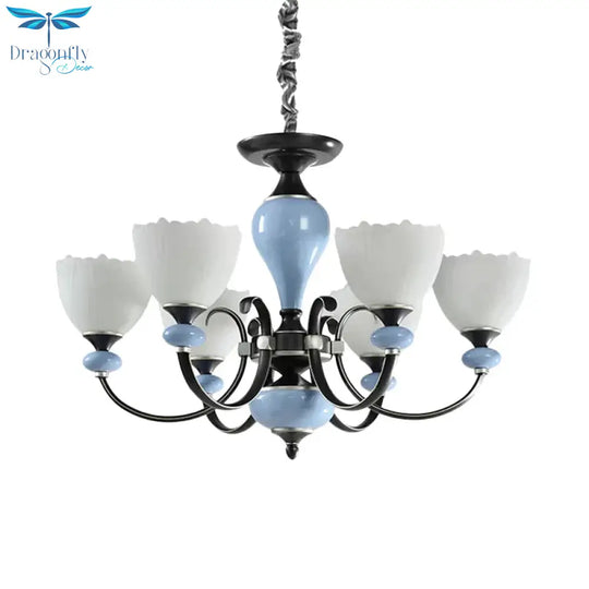 3/6 Heads Pendant Chandelier Countryside Bowl White Glass Ceiling Light In Black With Swooping Arm