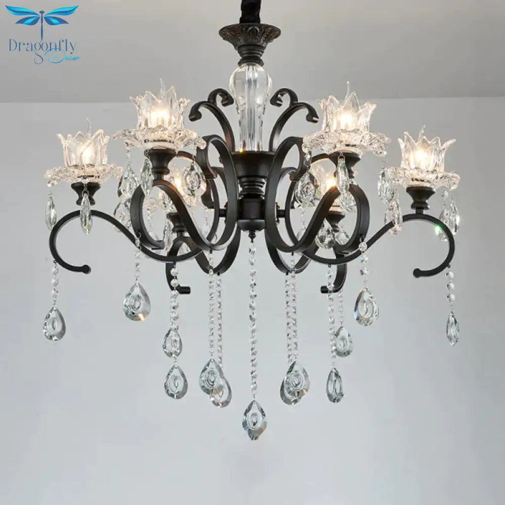 3/6 Heads Swirled Arm Chandelier Traditional Black Metal Hanging Lamp With Clear Crystal Tulip Shade