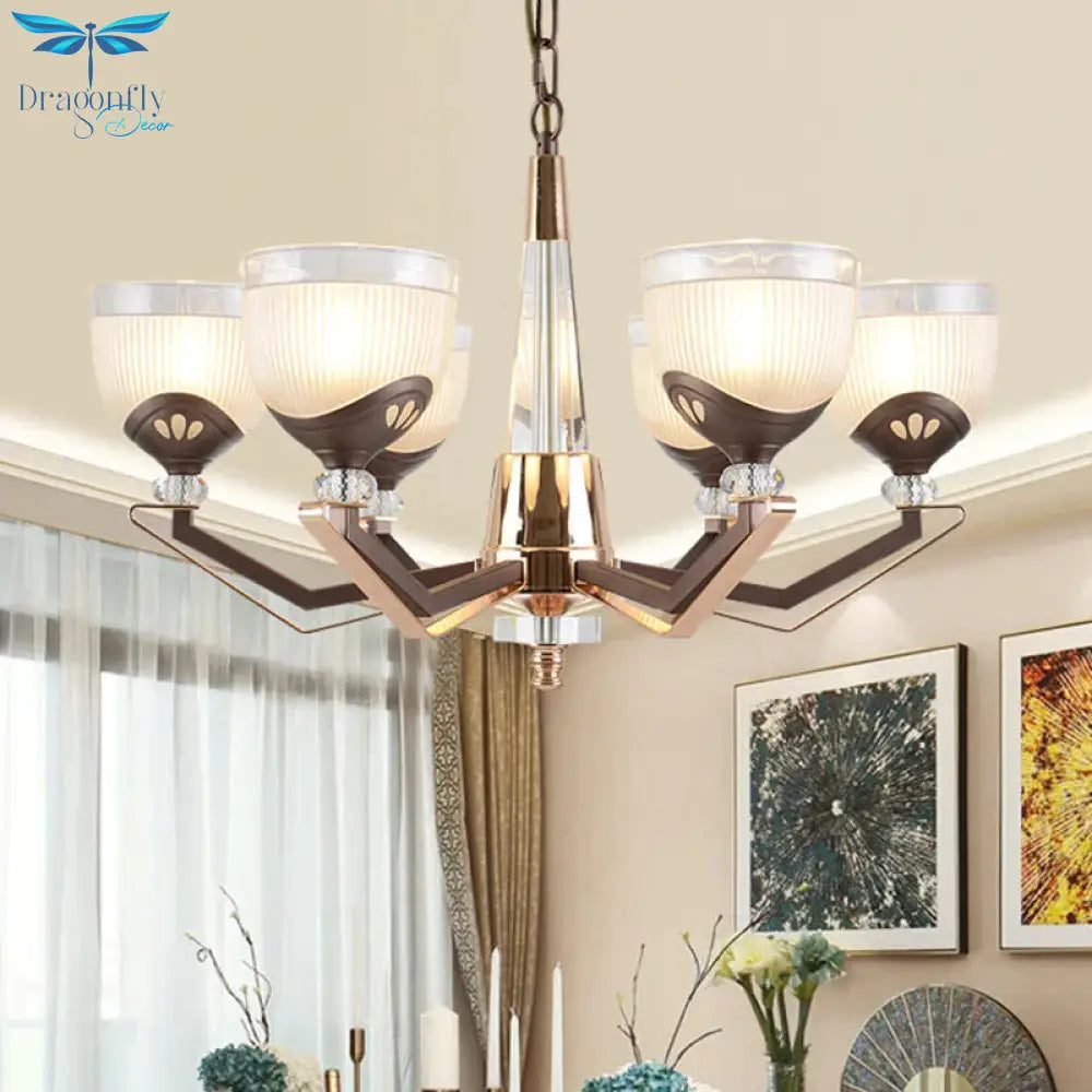 3/6 Lights Bowl Hanging Chandelier Vintage Coffee Finish White Ribbed Glass Pendant Lamp Fixture
