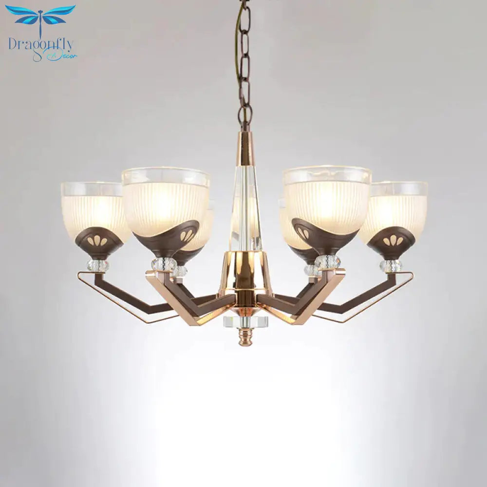 3/6 Lights Bowl Hanging Chandelier Vintage Coffee Finish White Ribbed Glass Pendant Lamp Fixture