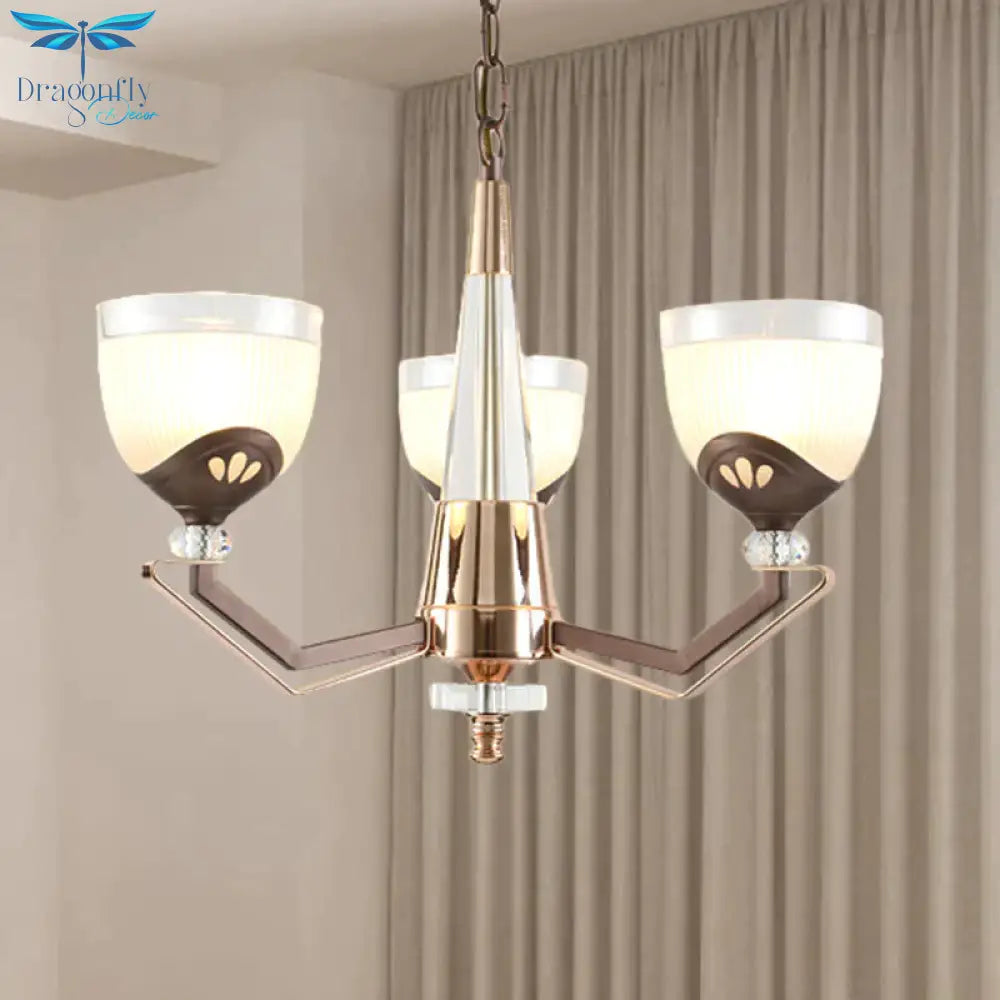 3/6 Lights Bowl Hanging Chandelier Vintage Coffee Finish White Ribbed Glass Pendant Lamp Fixture