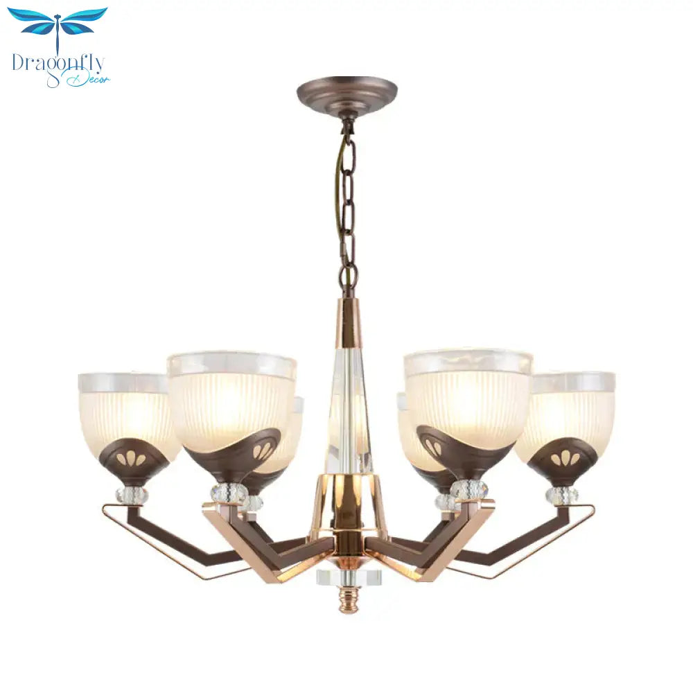 3/6 Lights Bowl Hanging Chandelier Vintage Coffee Finish White Ribbed Glass Pendant Lamp Fixture