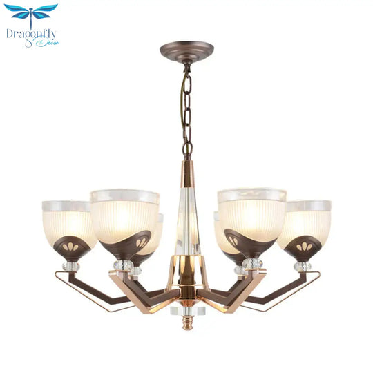 3/6 Lights Bowl Hanging Chandelier Vintage Coffee Finish White Ribbed Glass Pendant Lamp Fixture