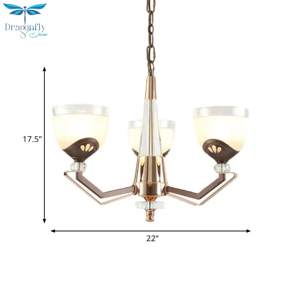 3/6 Lights Bowl Hanging Chandelier Vintage Coffee Finish White Ribbed Glass Pendant Lamp Fixture
