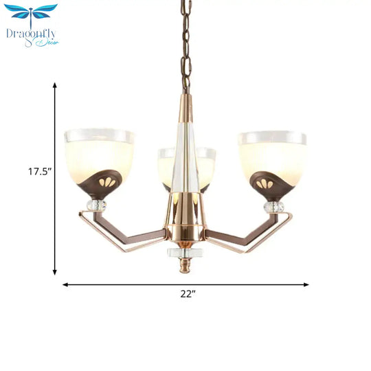 3/6 Lights Bowl Hanging Chandelier Vintage Coffee Finish White Ribbed Glass Pendant Lamp Fixture