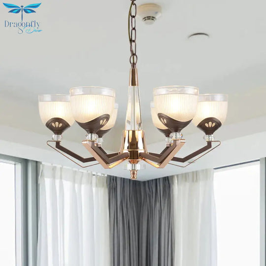 3/6 Lights Bowl Hanging Chandelier Vintage Coffee Finish White Ribbed Glass Pendant Lamp Fixture