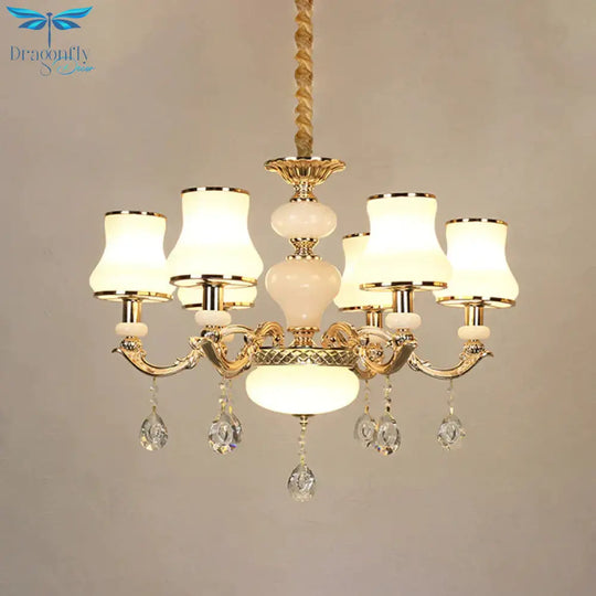 3/6 Lights Chandelier Lighting Vintage Bedroom Ceiling Pendant With Jar Cream Glass Shade In Gold