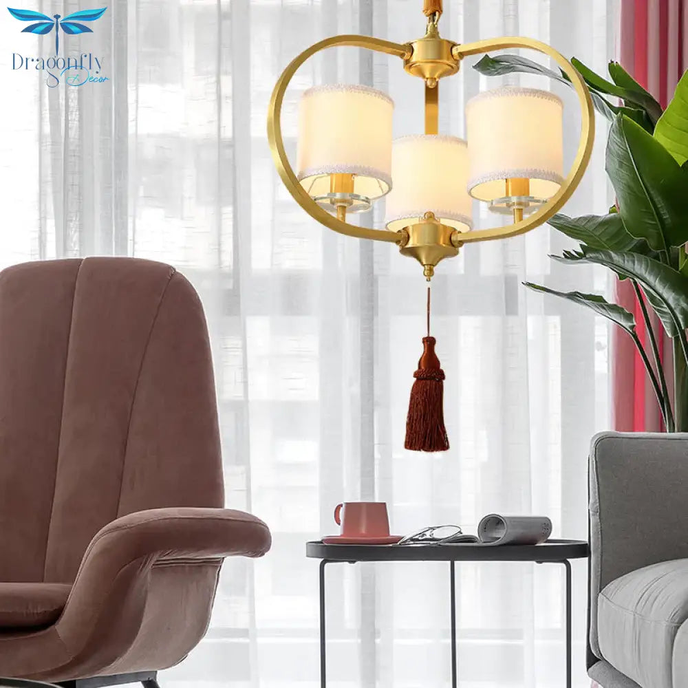 3/6 Lights Dining Room Chandelier Lamp Traditional Brass Ceiling Light With Drum Fabric Shade