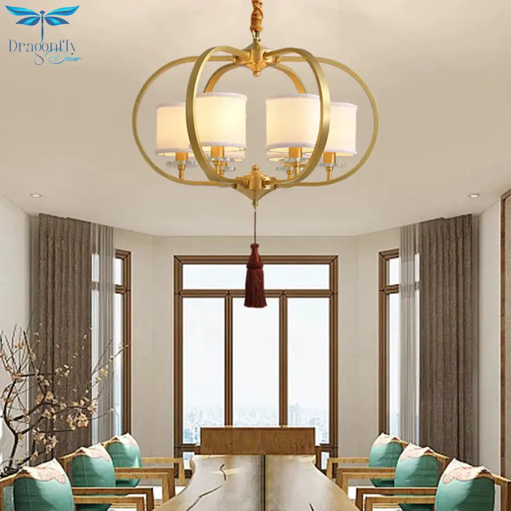 3/6 Lights Dining Room Chandelier Lamp Traditional Brass Ceiling Light With Drum Fabric Shade