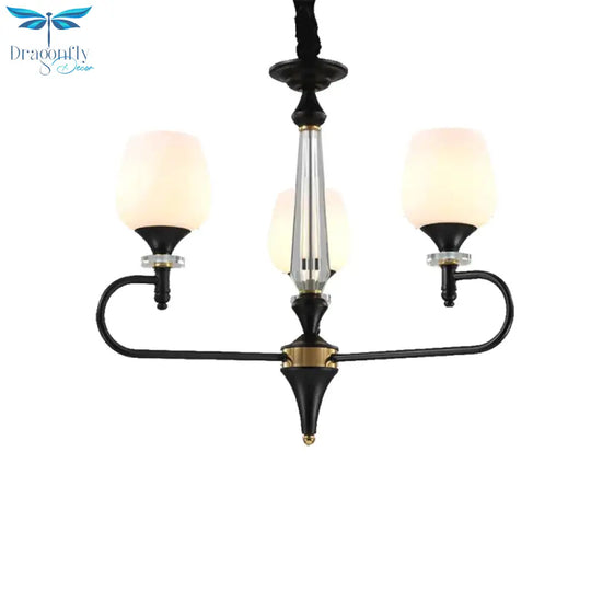 3/6 Lights Opal Glass Hanging Chandelier Traditional Matte Black Cone Living Room Pendant Light