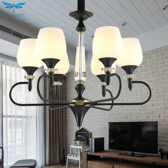 3/6 Lights Opal Glass Hanging Chandelier Traditional Matte Black Cone Living Room Pendant Light
