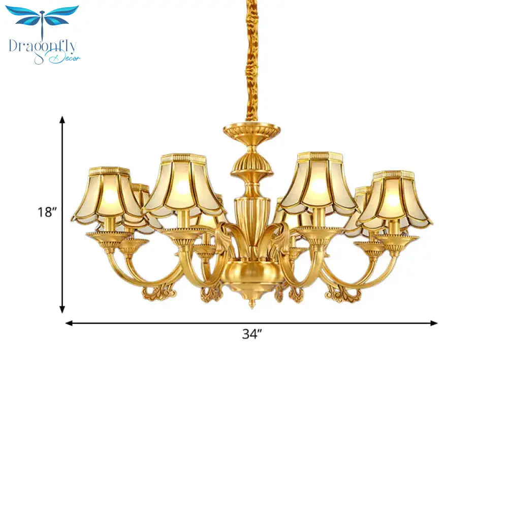 3/8 Lights Suspension Lighting Colonial Flared Frosted Glass Chandelier Pendant Lamp In Gold