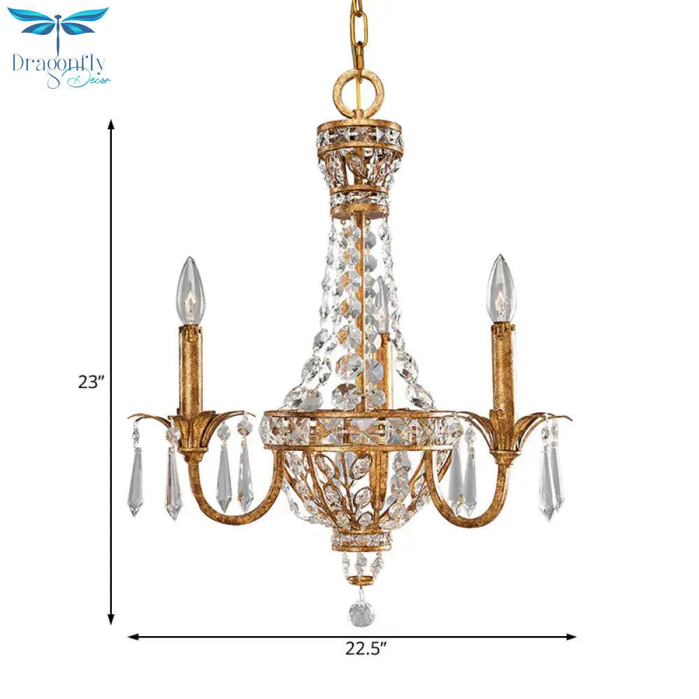 3/9 Bulbs Branch Ceiling Chandelier Rustic Crystal Suspended Lighting Fixture In Brass