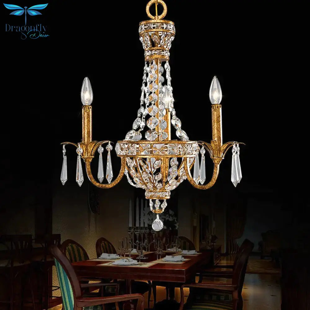 3/9 Bulbs Branch Ceiling Chandelier Rustic Crystal Suspended Lighting Fixture In Brass