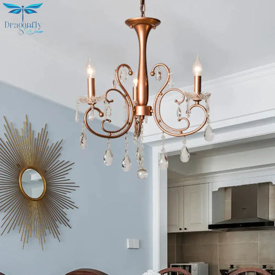 3 - Bulb Chandelier Light Fixture Traditional Swirled Arm Draping Crystal Raindrop Suspension Lamp