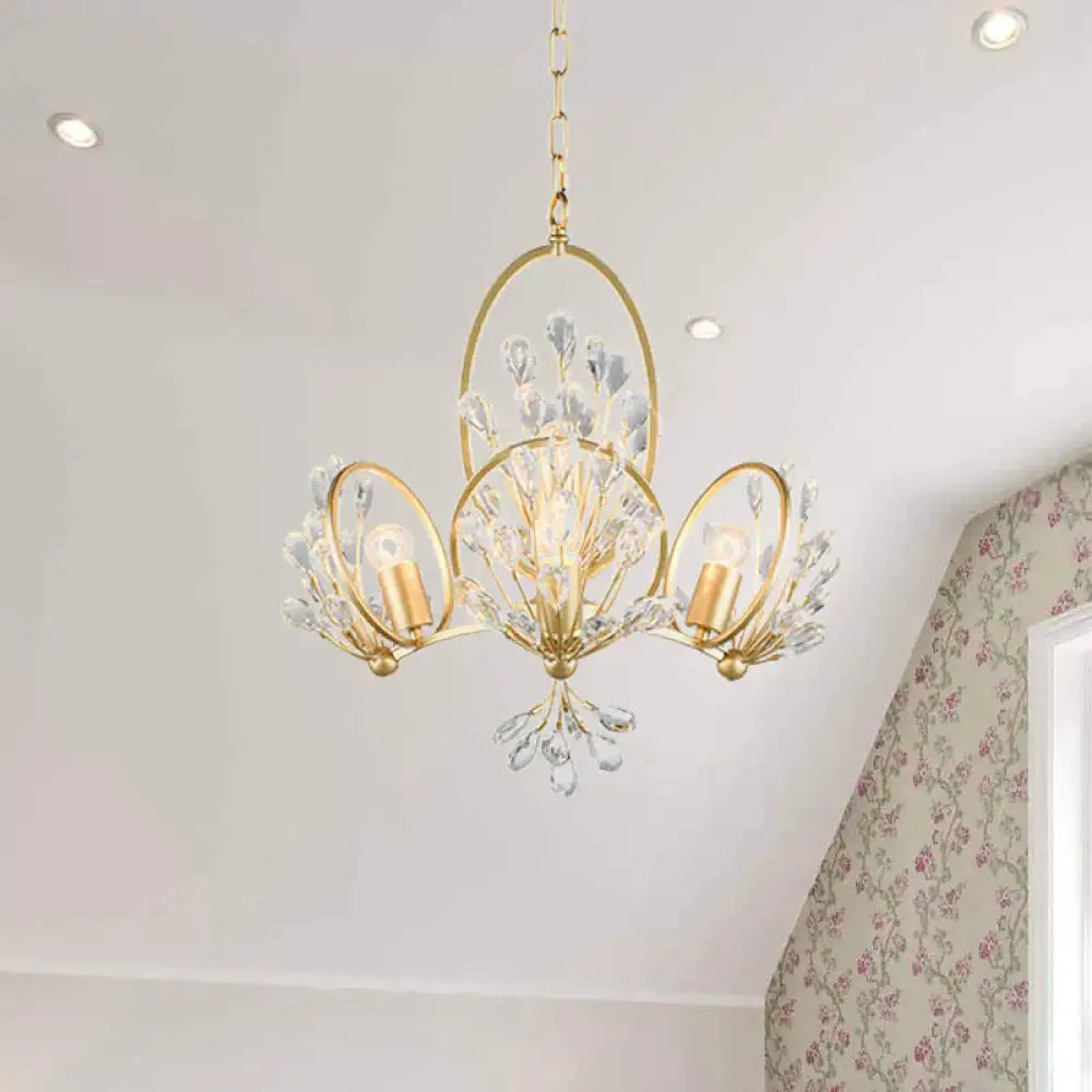 3 - Bulb Crystal Chandelier Light Fixture Retro Gold Petals Dining Table Hanging Pendant